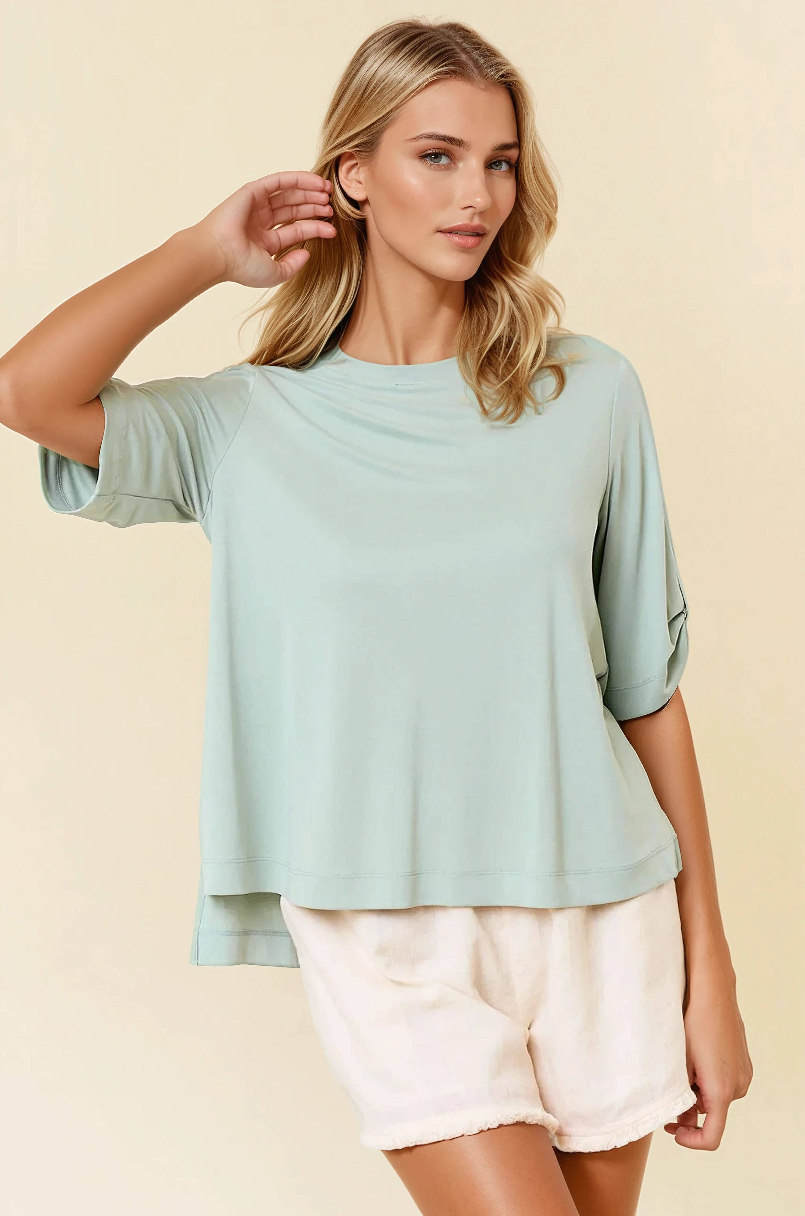 Crew Neck Roll Up Short Sleeve Tee