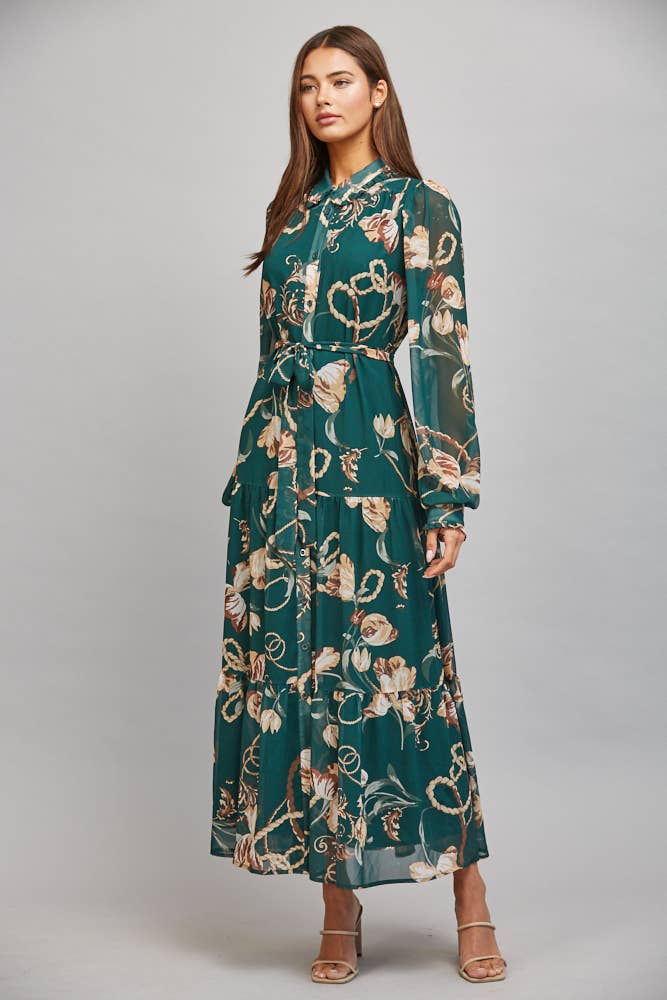 FLORAL/CHAIN PRINT CHIFFON DRESS