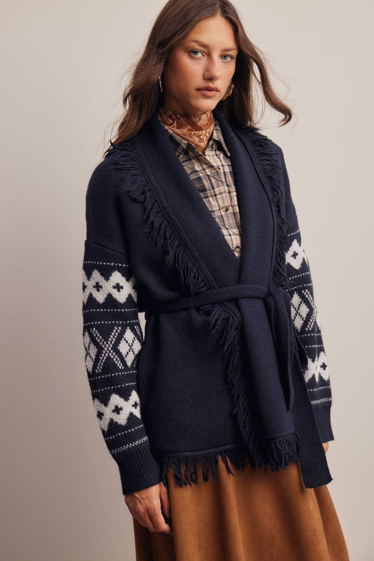 Fringe Trim Belted Western Cardigan