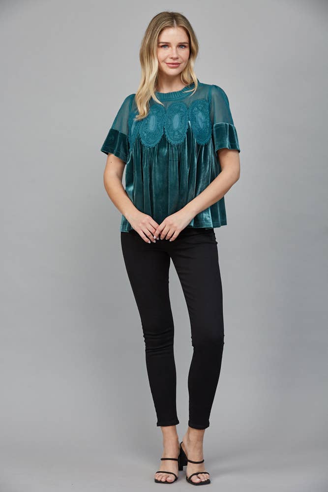 LACE DETAIL VELVET BABYDOLL TOP