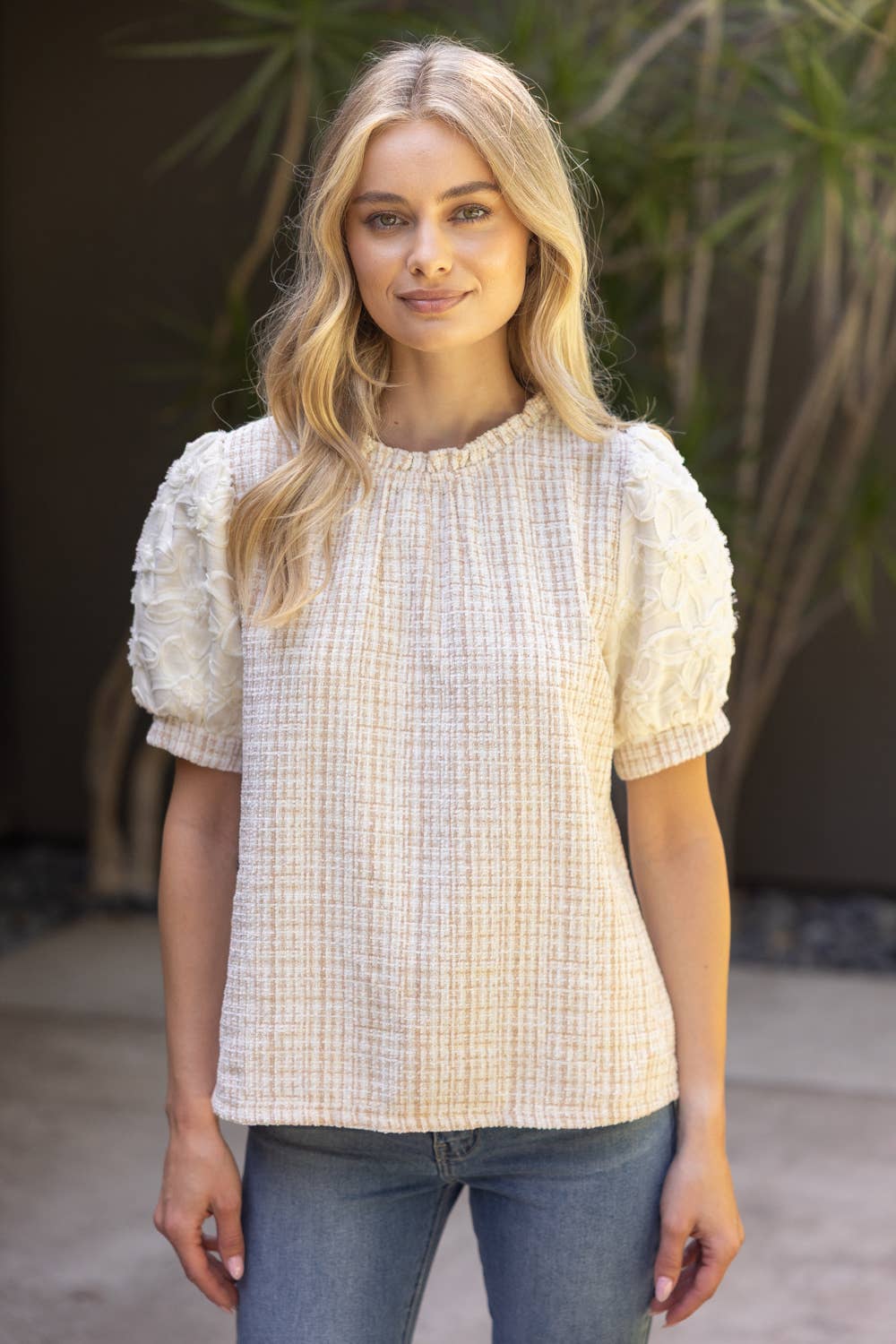 Floral Lace Sleeve Tweed Top
