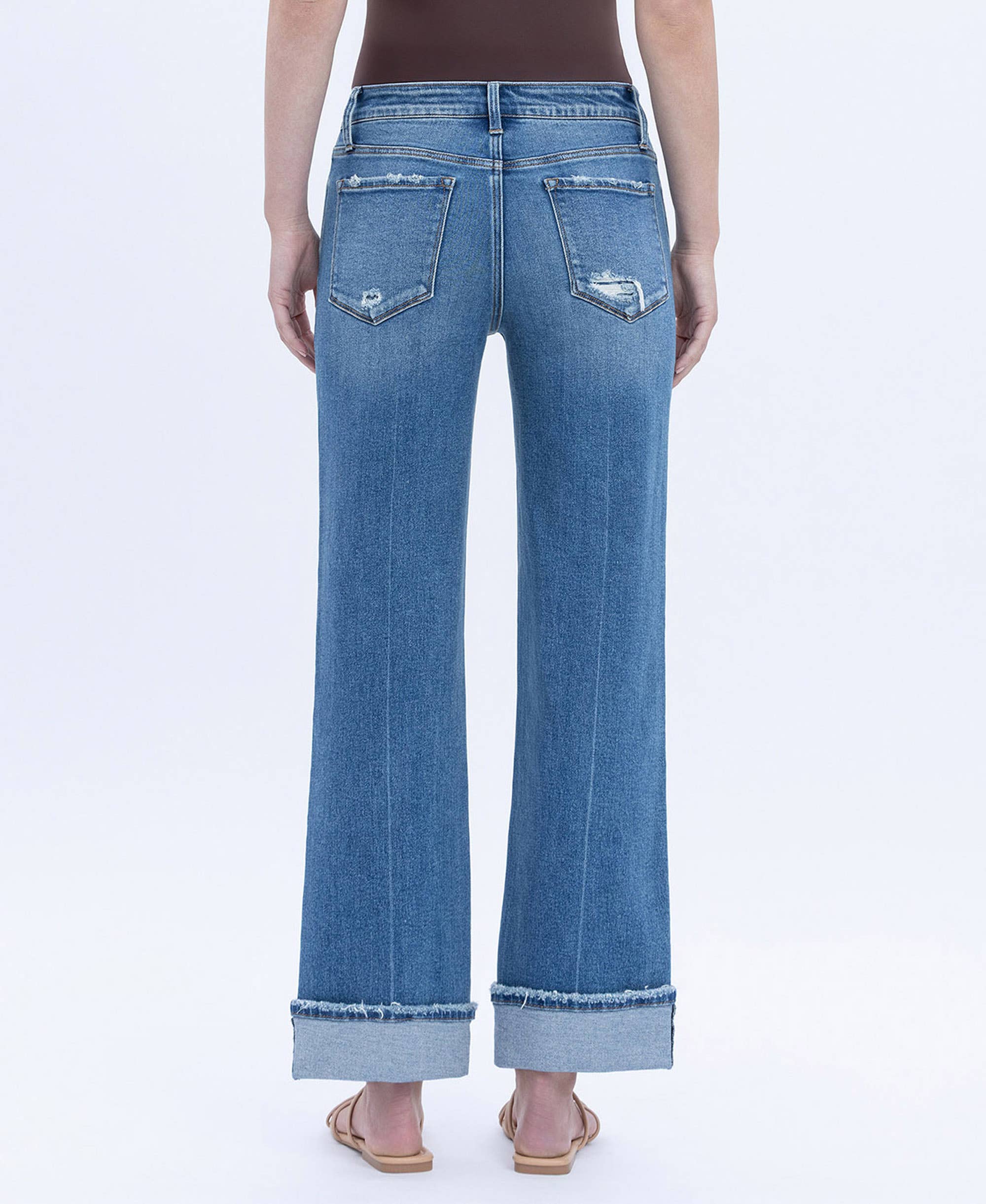 MID RISE CUFFED ANKLE SLIM WIDE JEANS