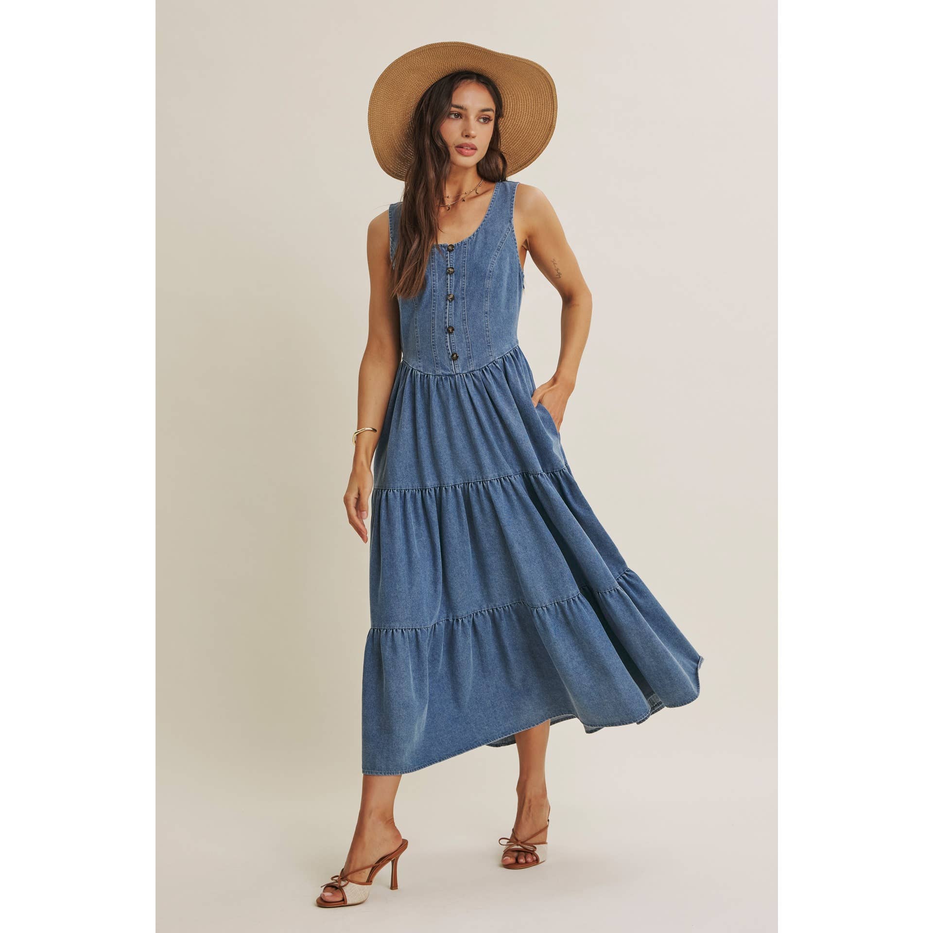 DENIM TIERED MIDI DRESS