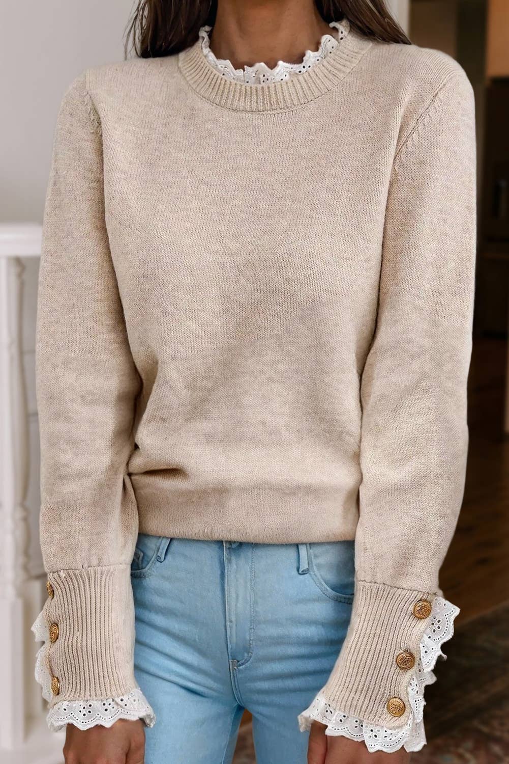 Lace Trim  Buttoned Cuffs  Sweater