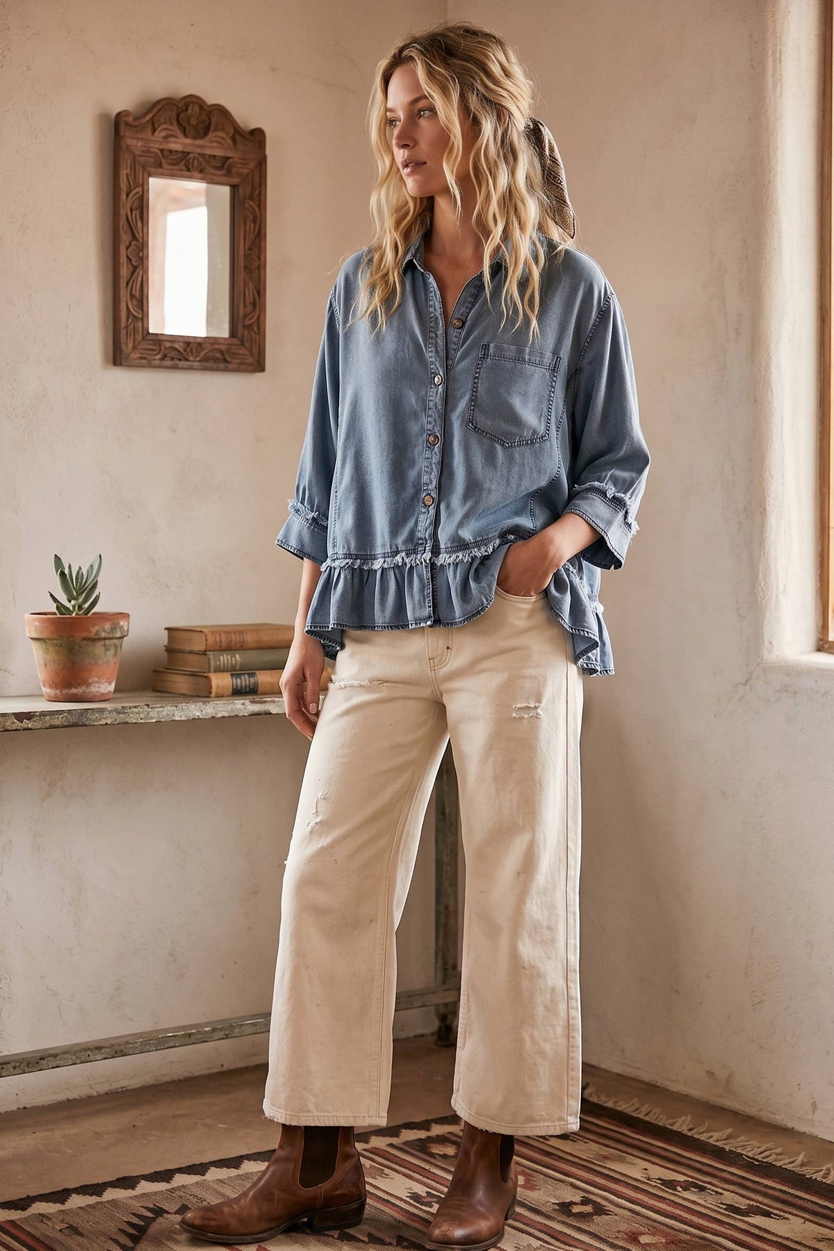 Mineral Washed Ruffle Hem Shirt