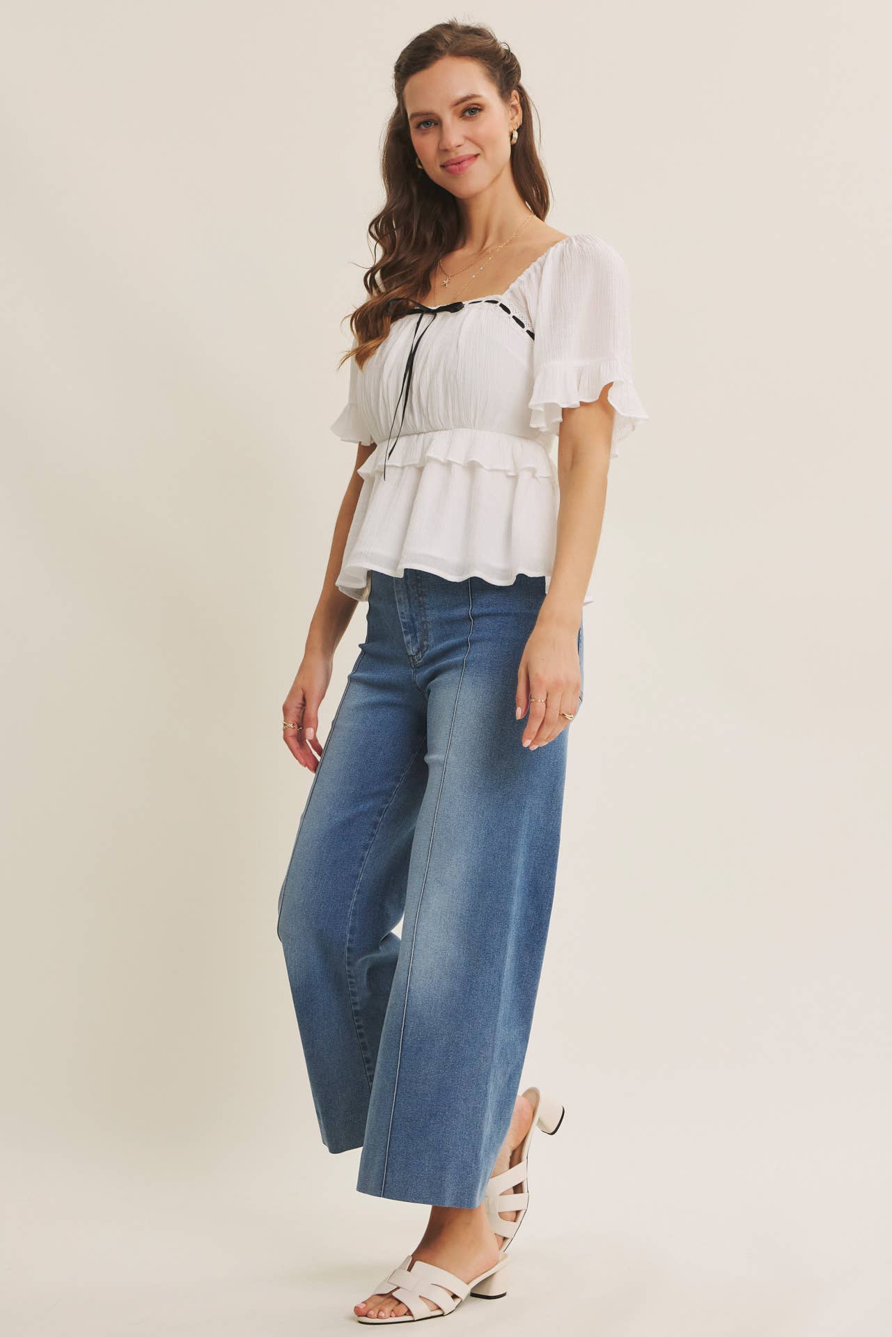 PINTUCK ANKLE LENGTH WIDE-LEG DENIM PANTS