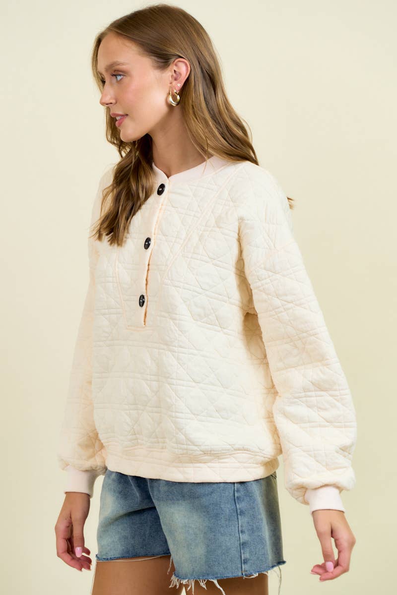 QUILTED BUTTON FRONT SWEATSHIRT