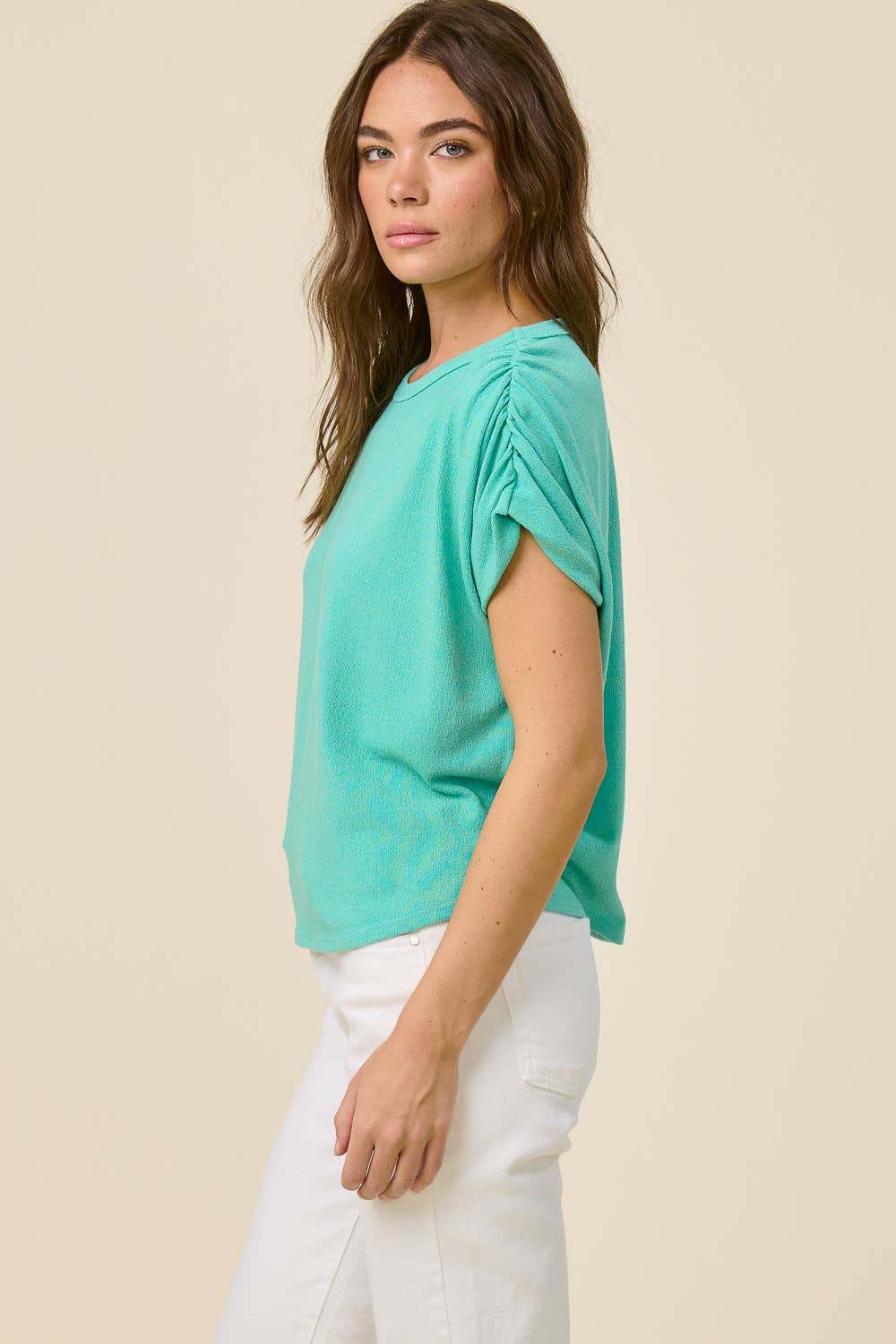 Ruched Shoulder Crepe Hacci Top