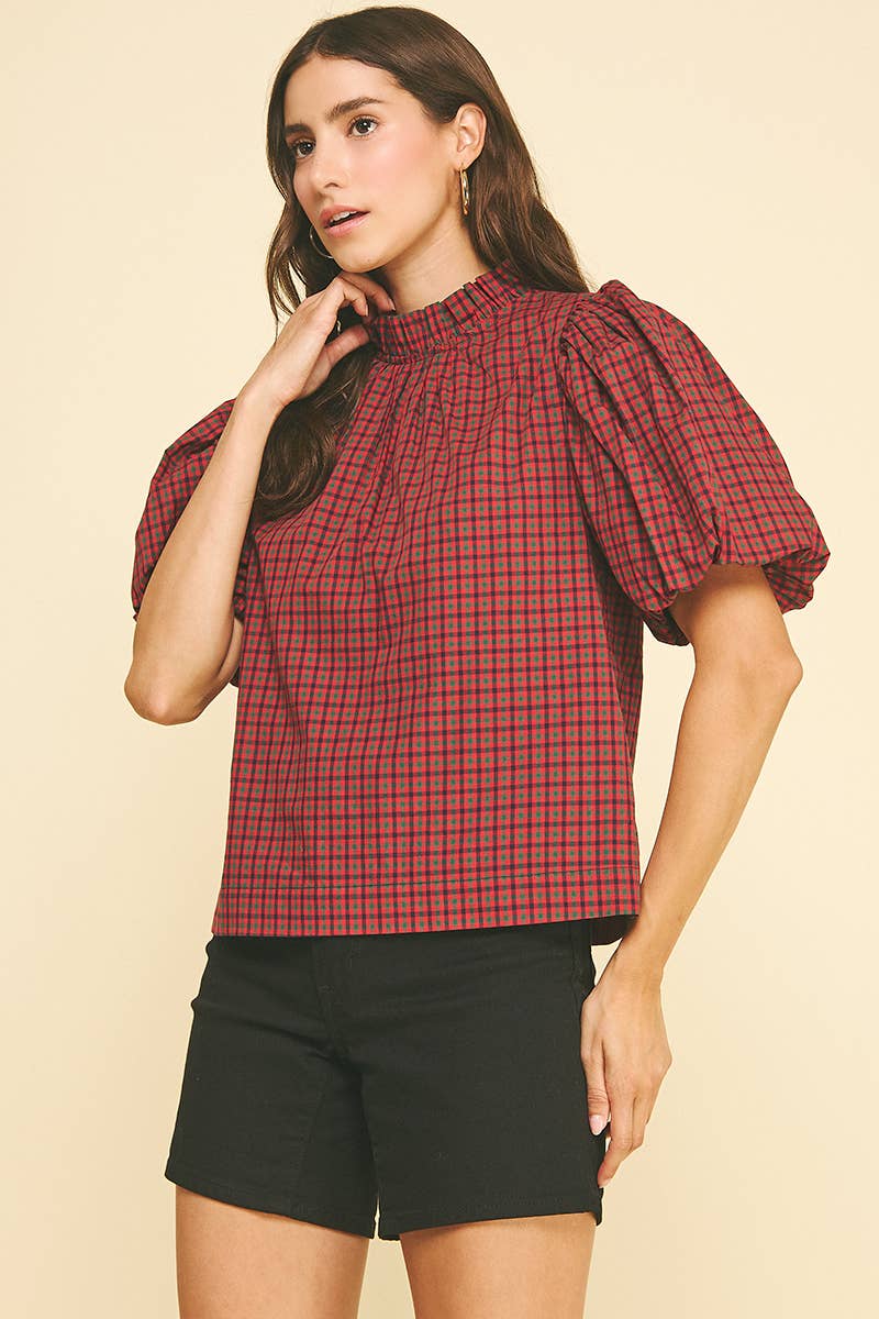 PLAID RUFFLED MOCK NECK BLOUSE