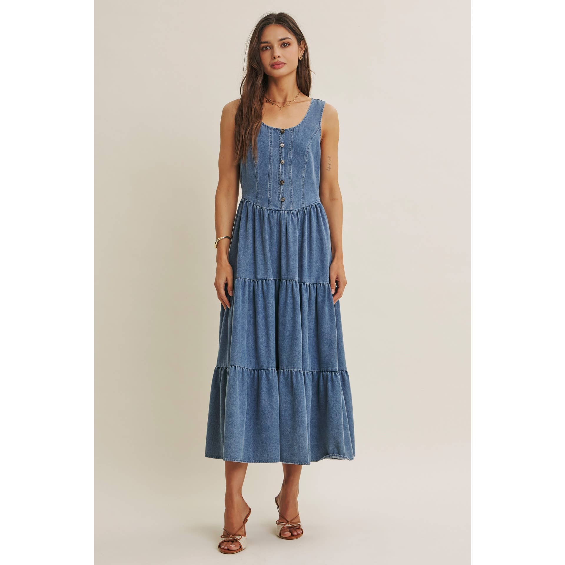 DENIM TIERED MIDI DRESS
