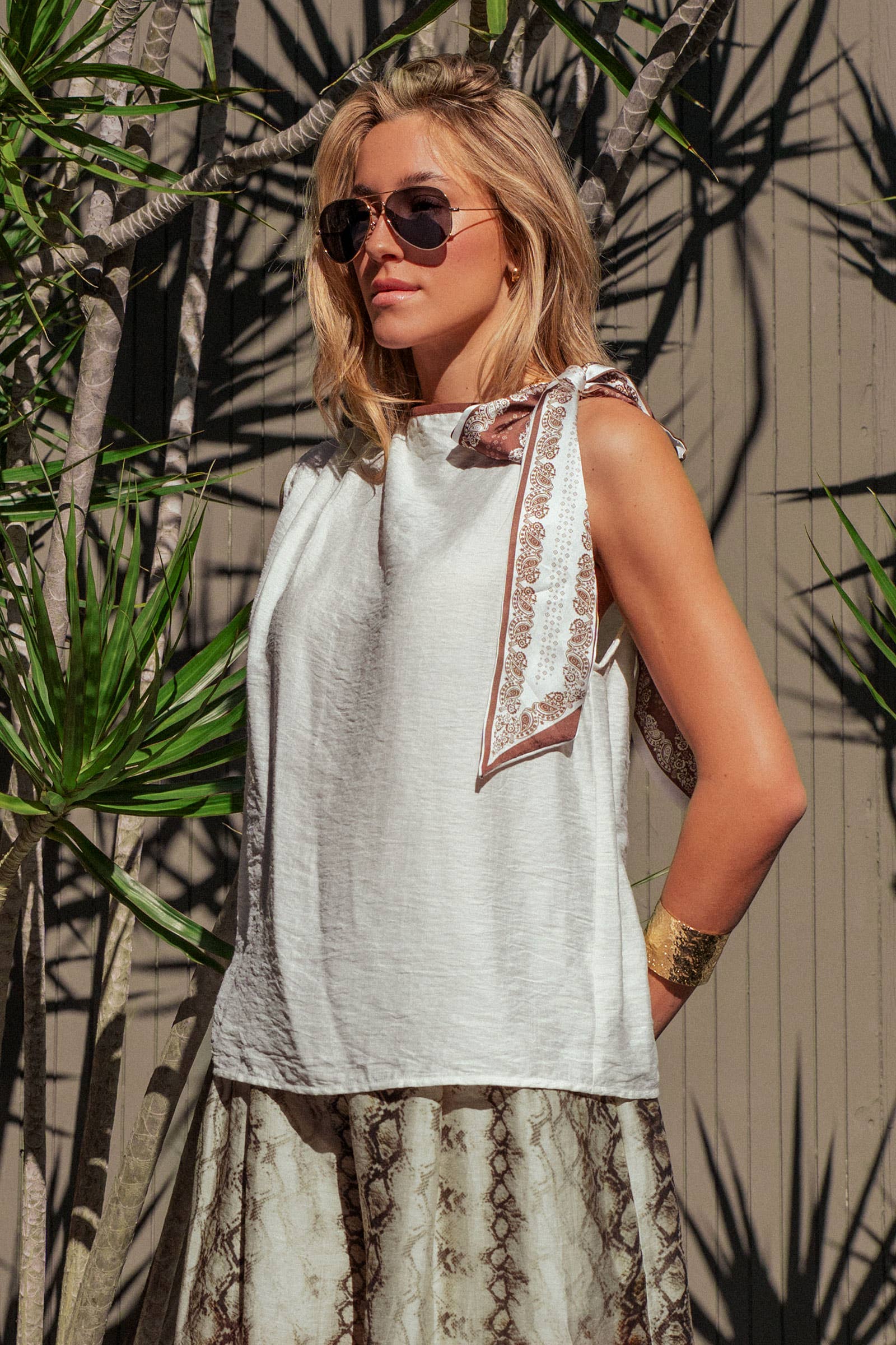 Paisley Scarf Tie Shoulder Linen Blend Top