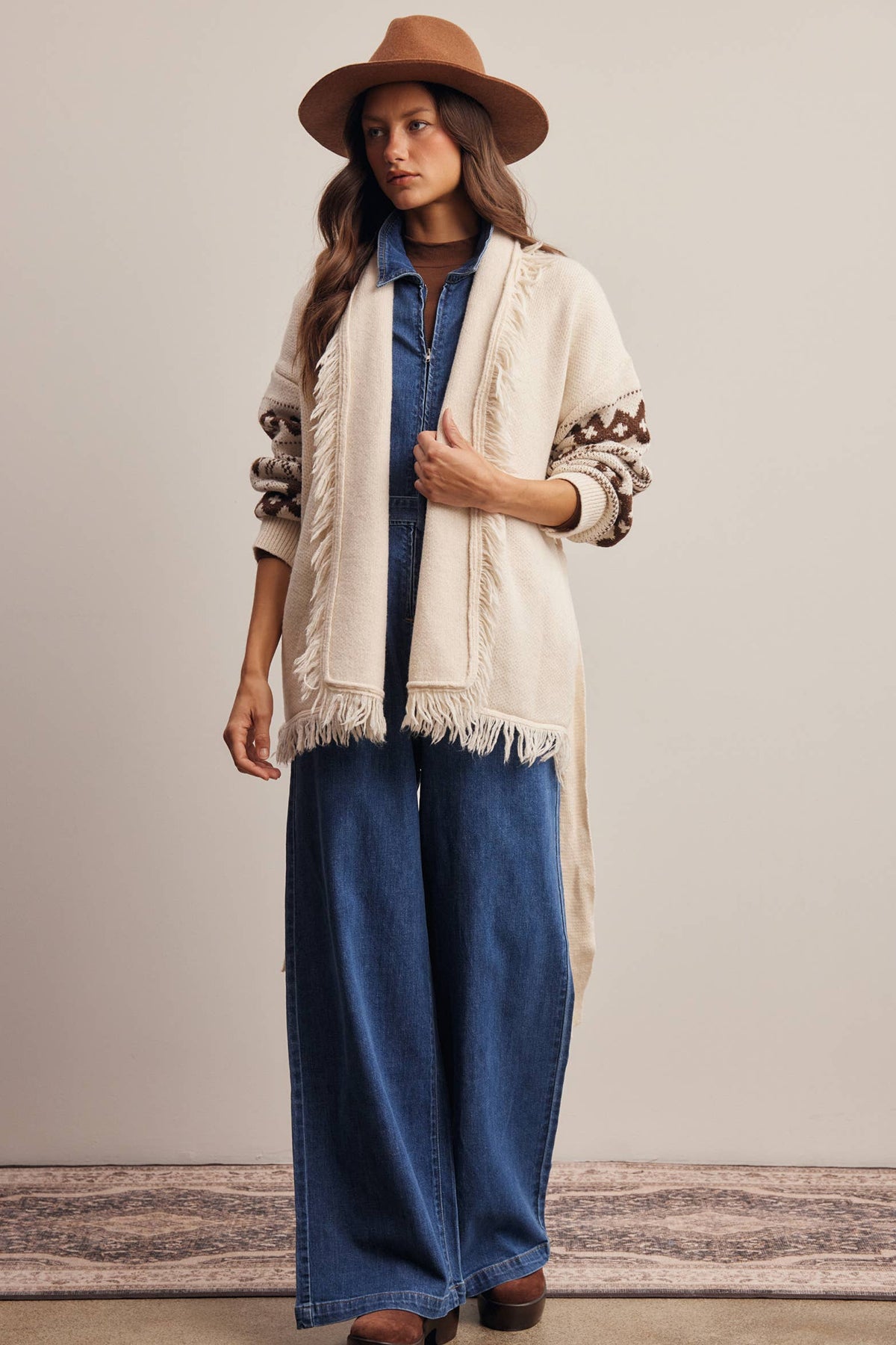 Fringe Trim Belted Western Cardigan