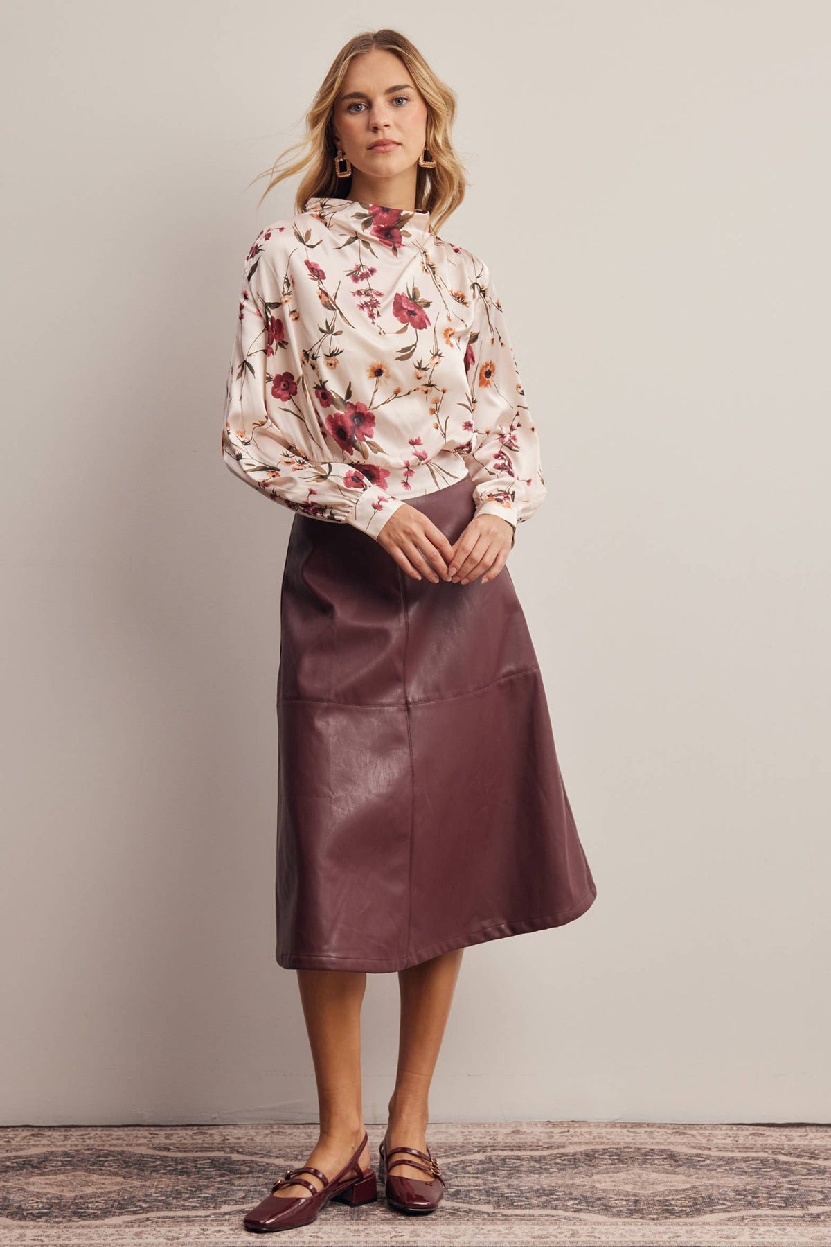 Floral Mock Neck Tie Back Blouse