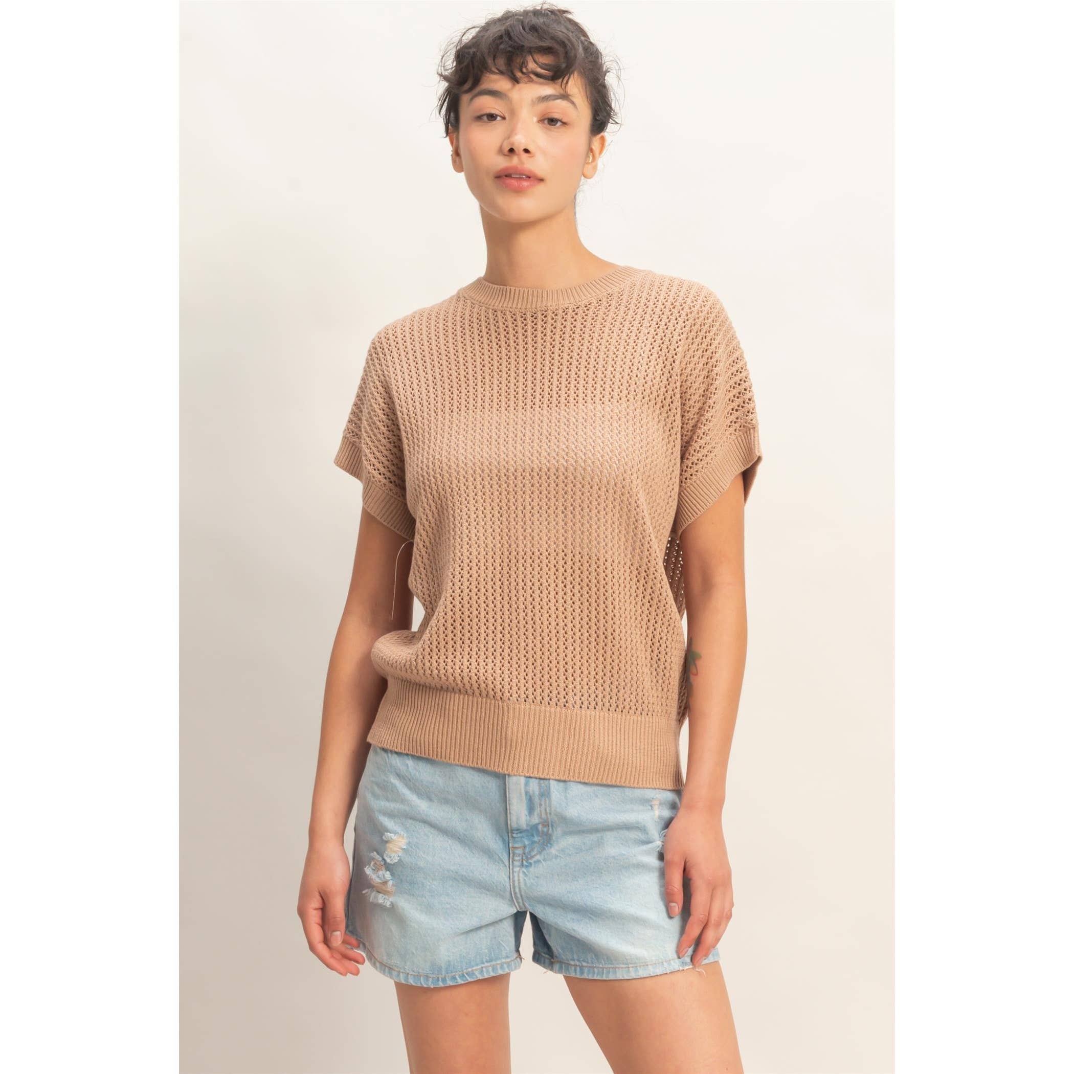 Taupe Open-Knit Dolman Sleeve Top