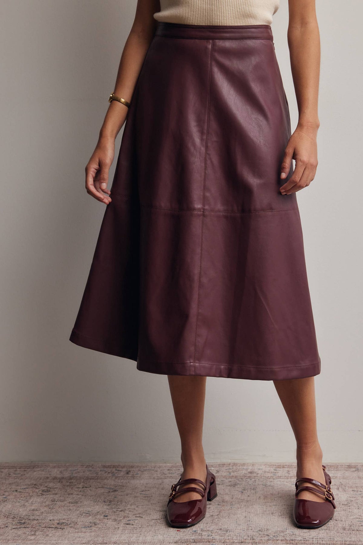 Faux Leather A-Line Midi Skirt
