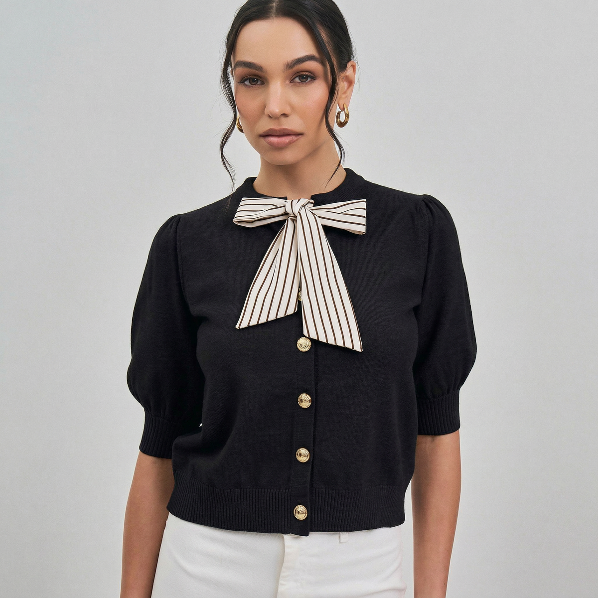 Satin Tie Neck Sweater Cardigan