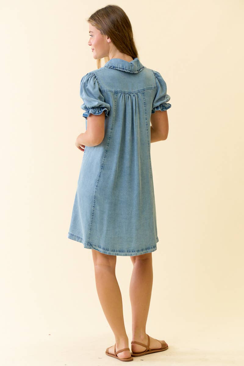 DENIM RUFFLE DETAIL MINI DRESS