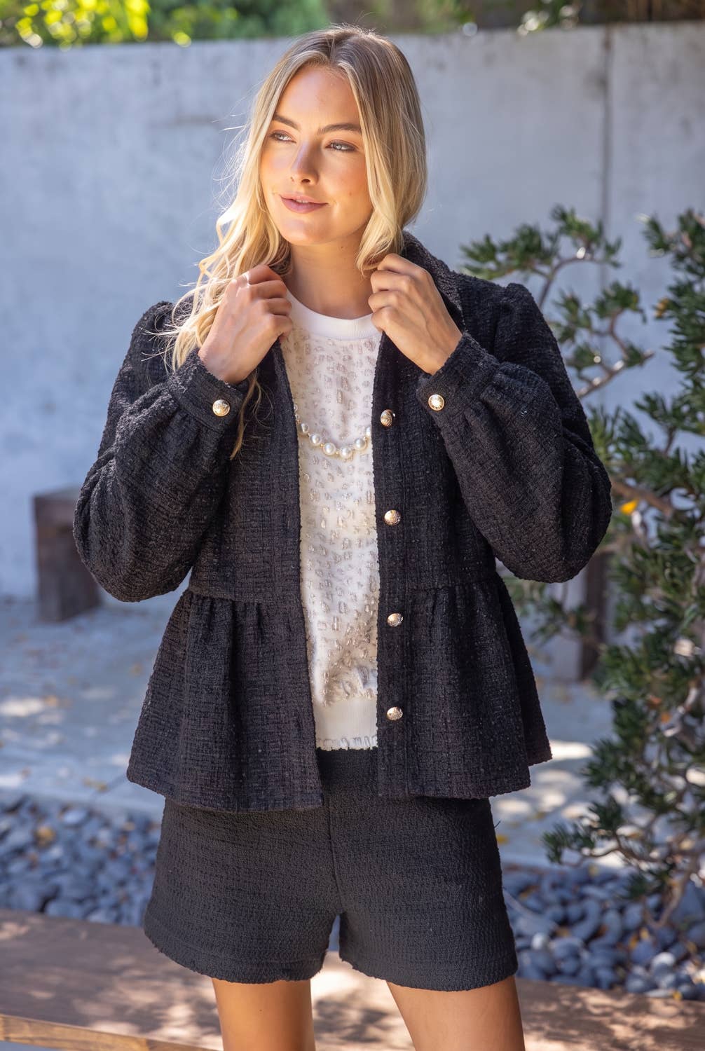 Gold Button Tweed Peplum Jacket