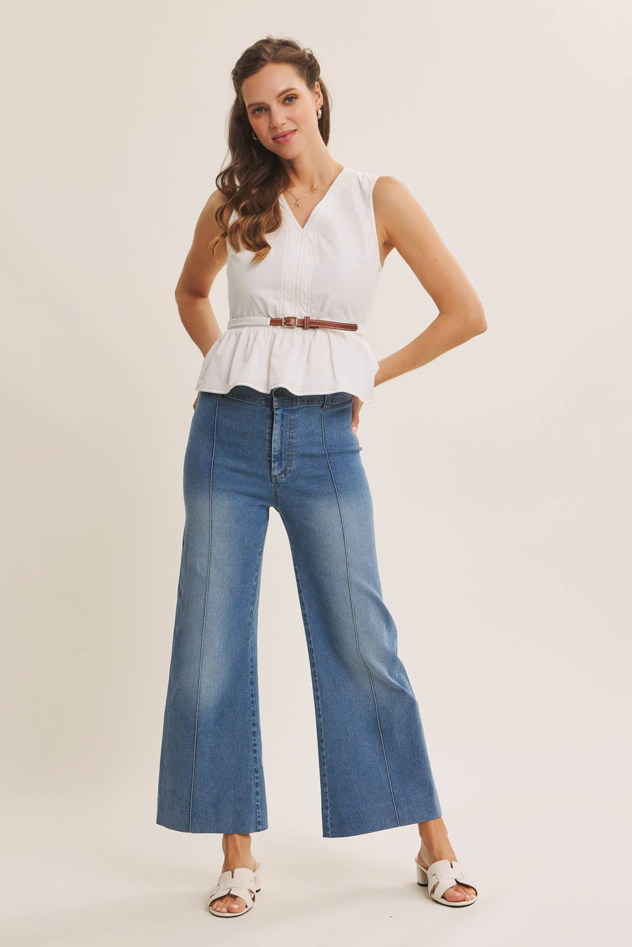 PINTUCK ANKLE LENGTH WIDE-LEG DENIM PANTS