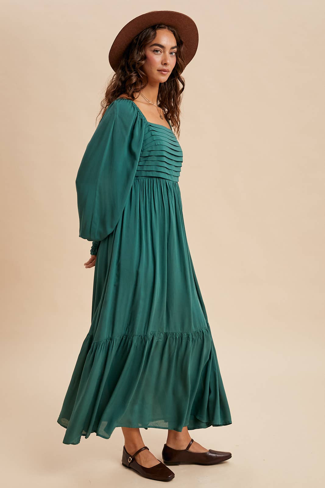 PLEATED SQUARE NECK MAXI DRESS
