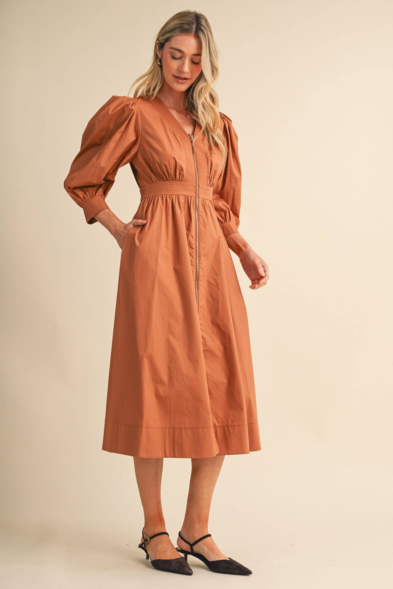 PUFF SLEEVE MIDI DRESS