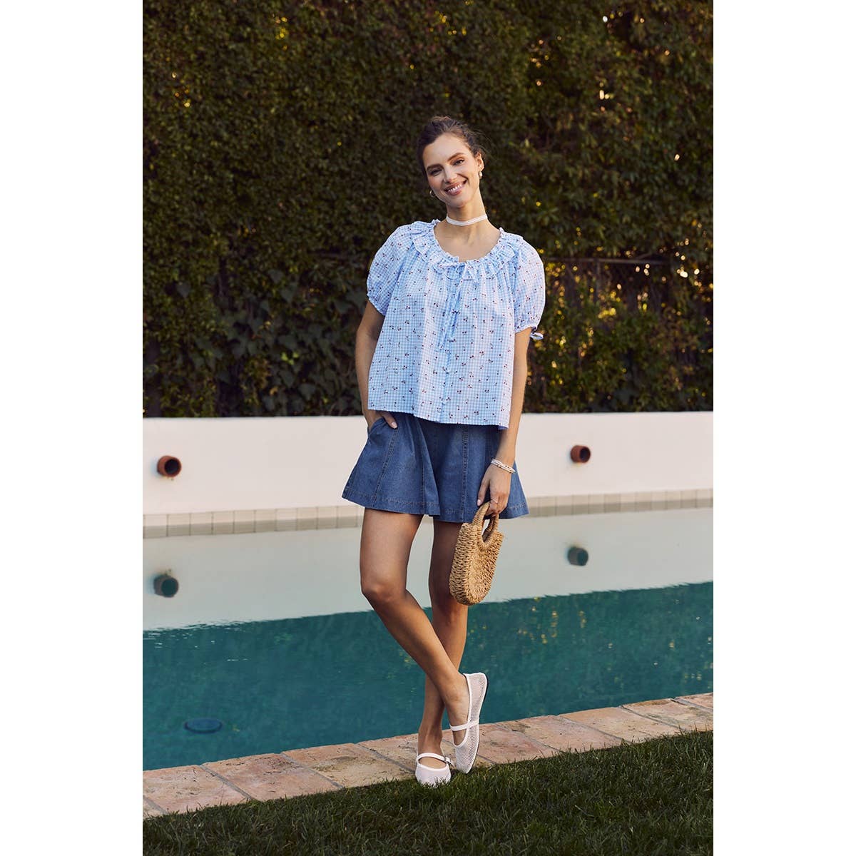 CHERRY GINGHAM RUFFLED BLOUSE