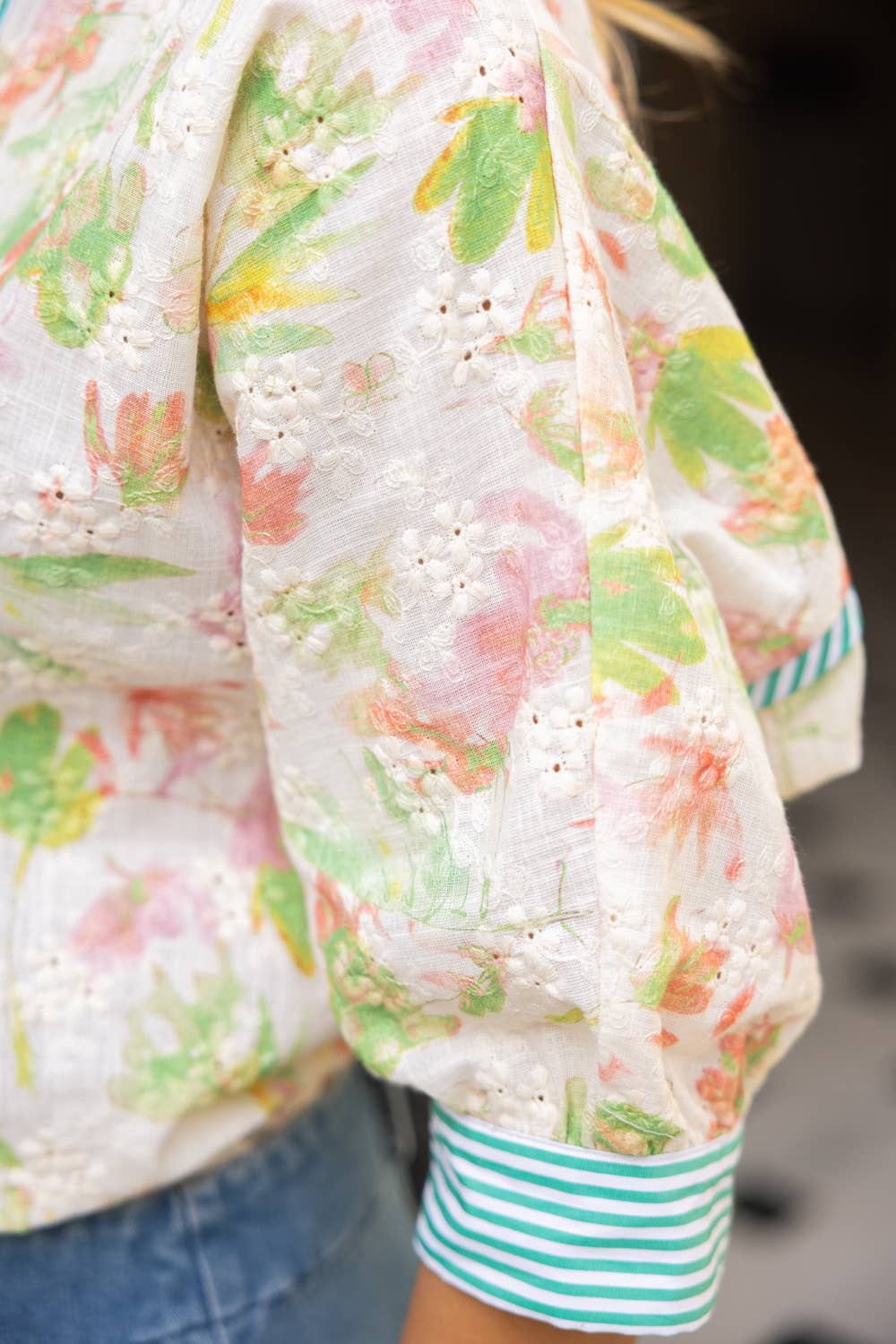 Stripe Contrast Floral Embroidered Top