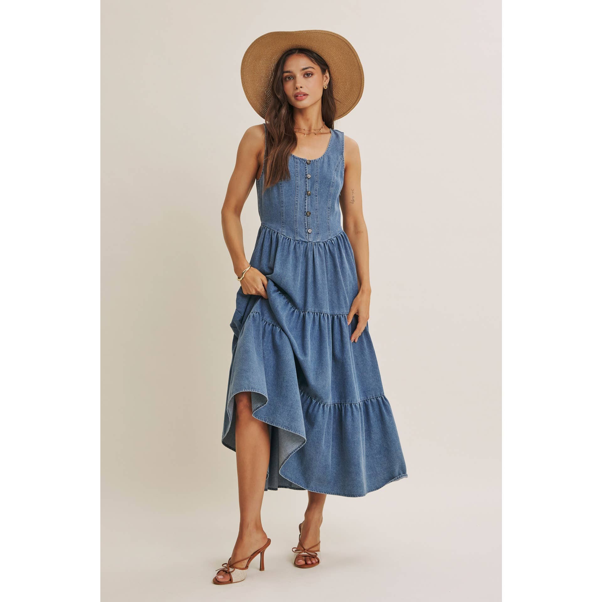 DENIM TIERED MIDI DRESS
