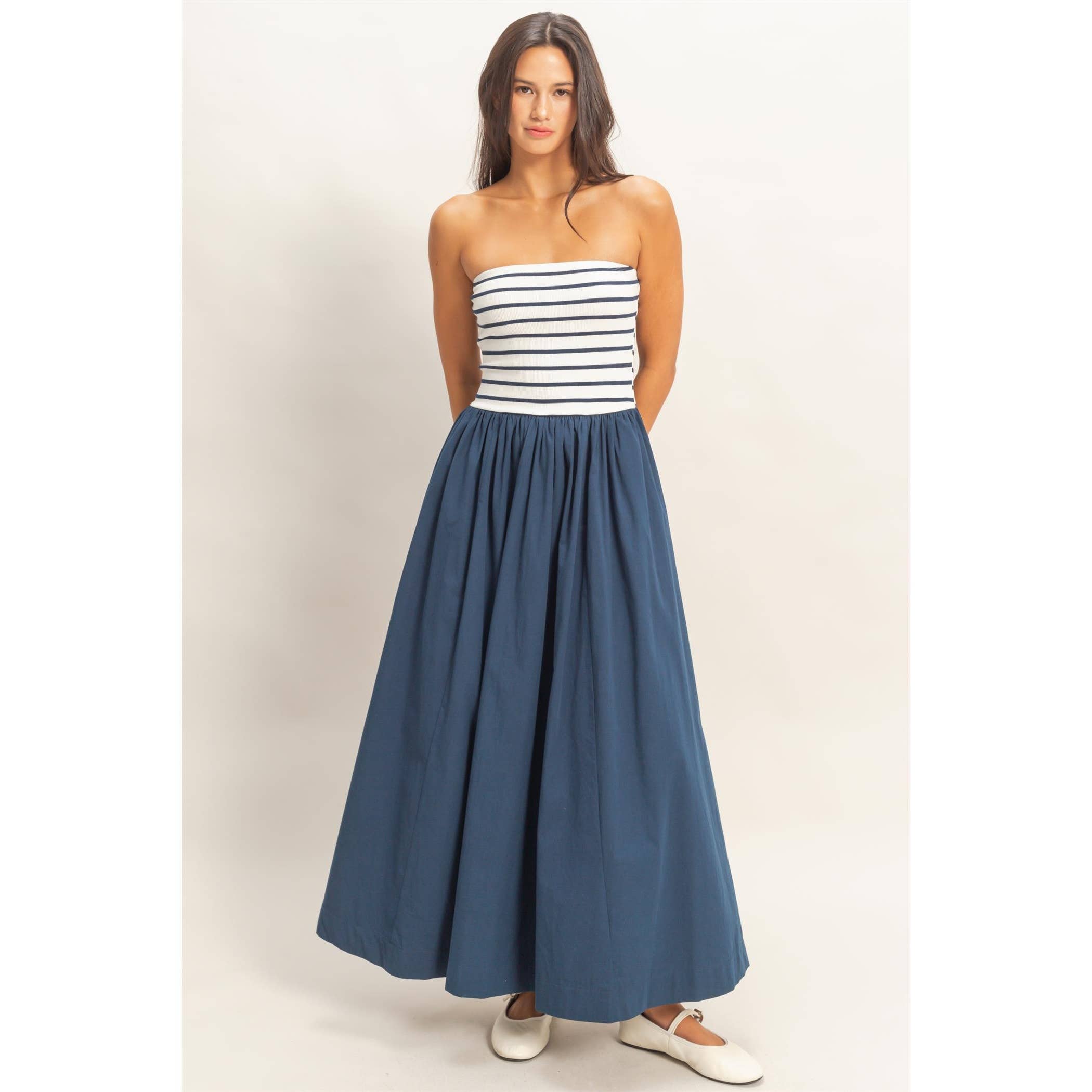 Striped Strapless Flowy Midi Dress