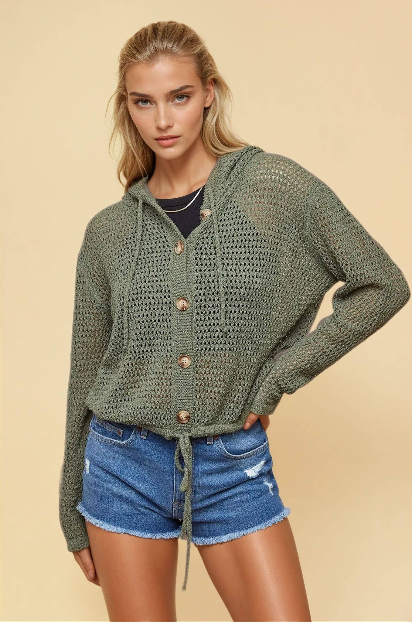 Fisher Net Hoodie Cardigan With Big Wooden Button