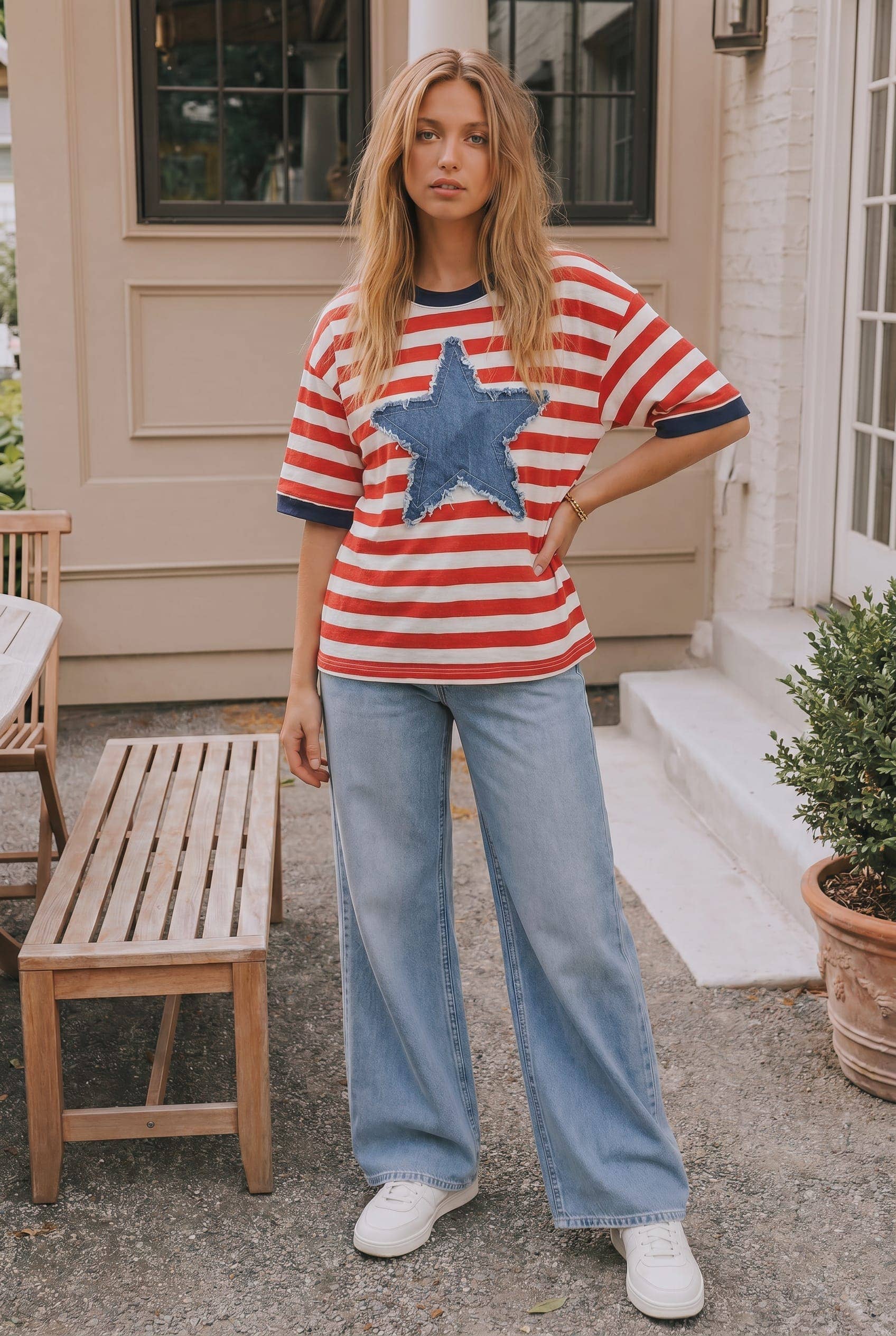 Red stripe tee with denim star patch