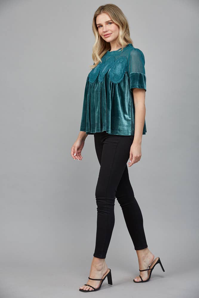 LACE DETAIL VELVET BABYDOLL TOP