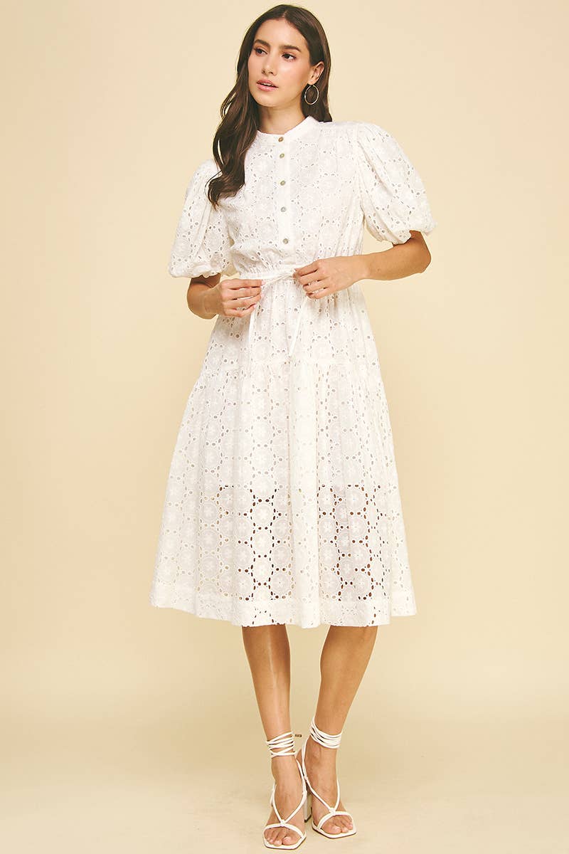 EYELET EMBROIDERED MIDI DRESS