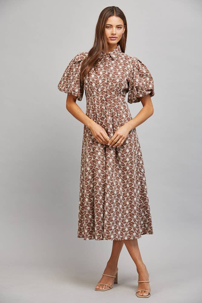 FLORAL EYELET MIDI DRESS
