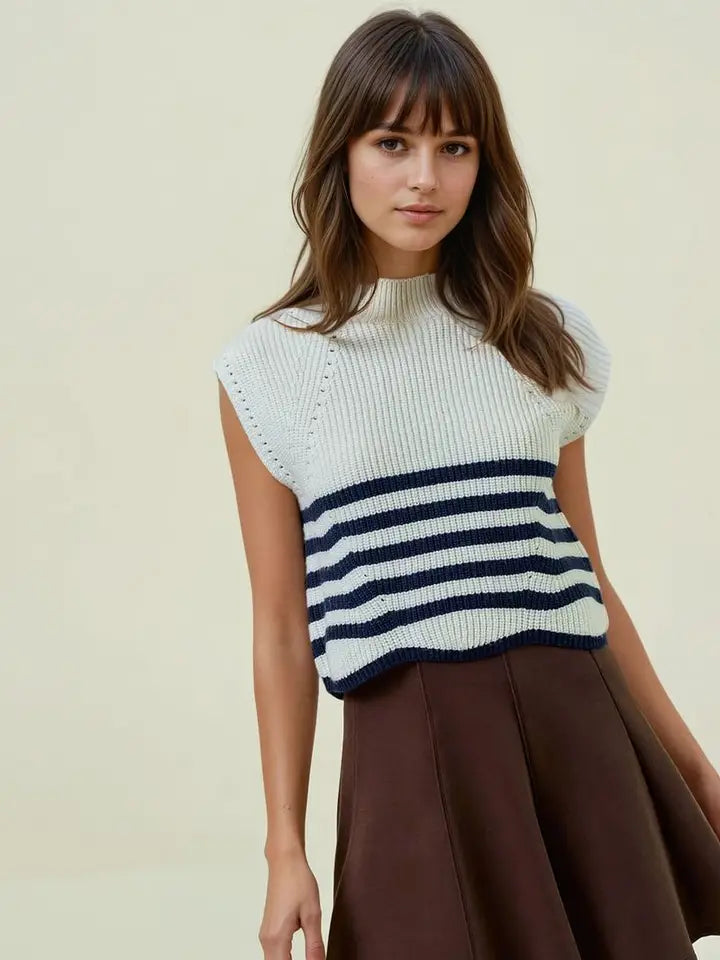 White and Navy Striped Knit Top