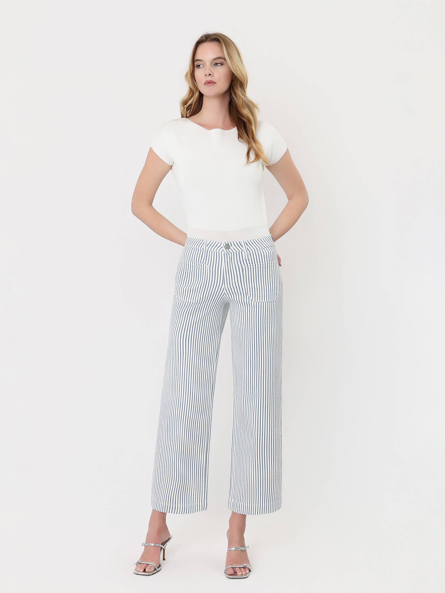 STRIPE HIGH RISE WIDE LEG JEANS