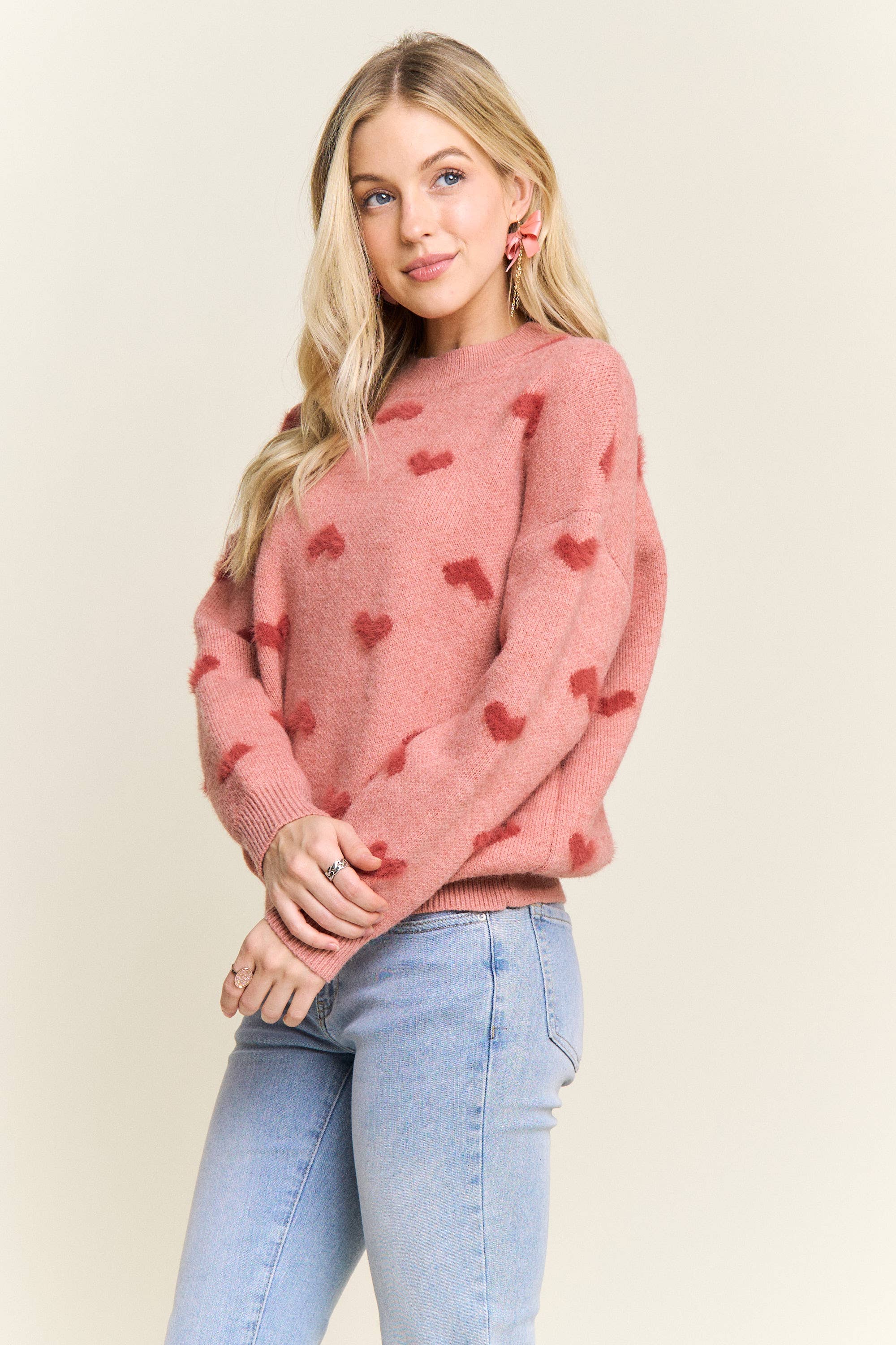 DROP SHOULDER HEART PATTERN SWEATER