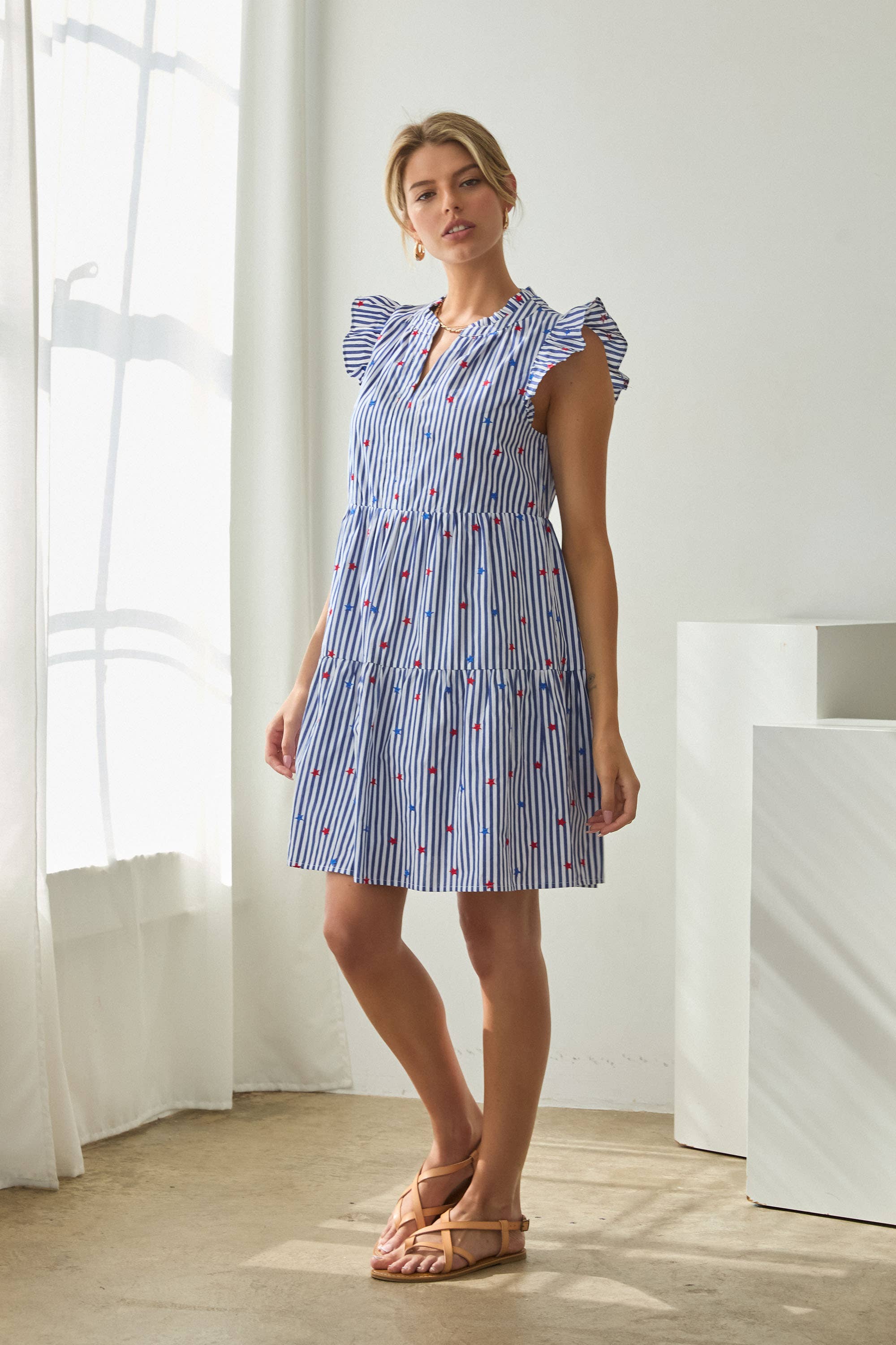 Striped Dress with Star Embroidery
