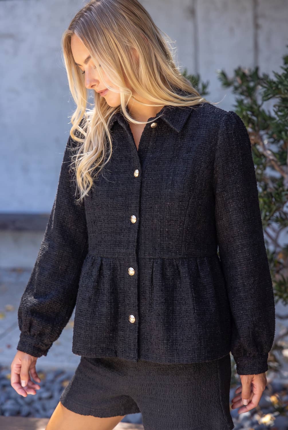 Gold Button Tweed Peplum Jacket