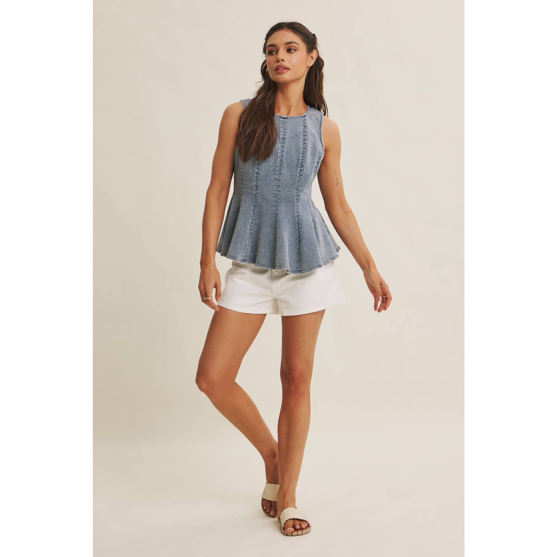 MINERAL-WASHED DENIM PEPLUM TOP