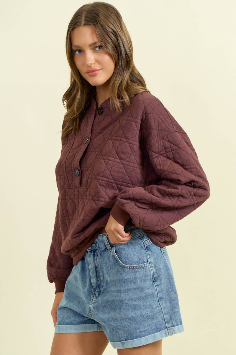 QUILTED BUTTON FRONT SWEATSHIRT