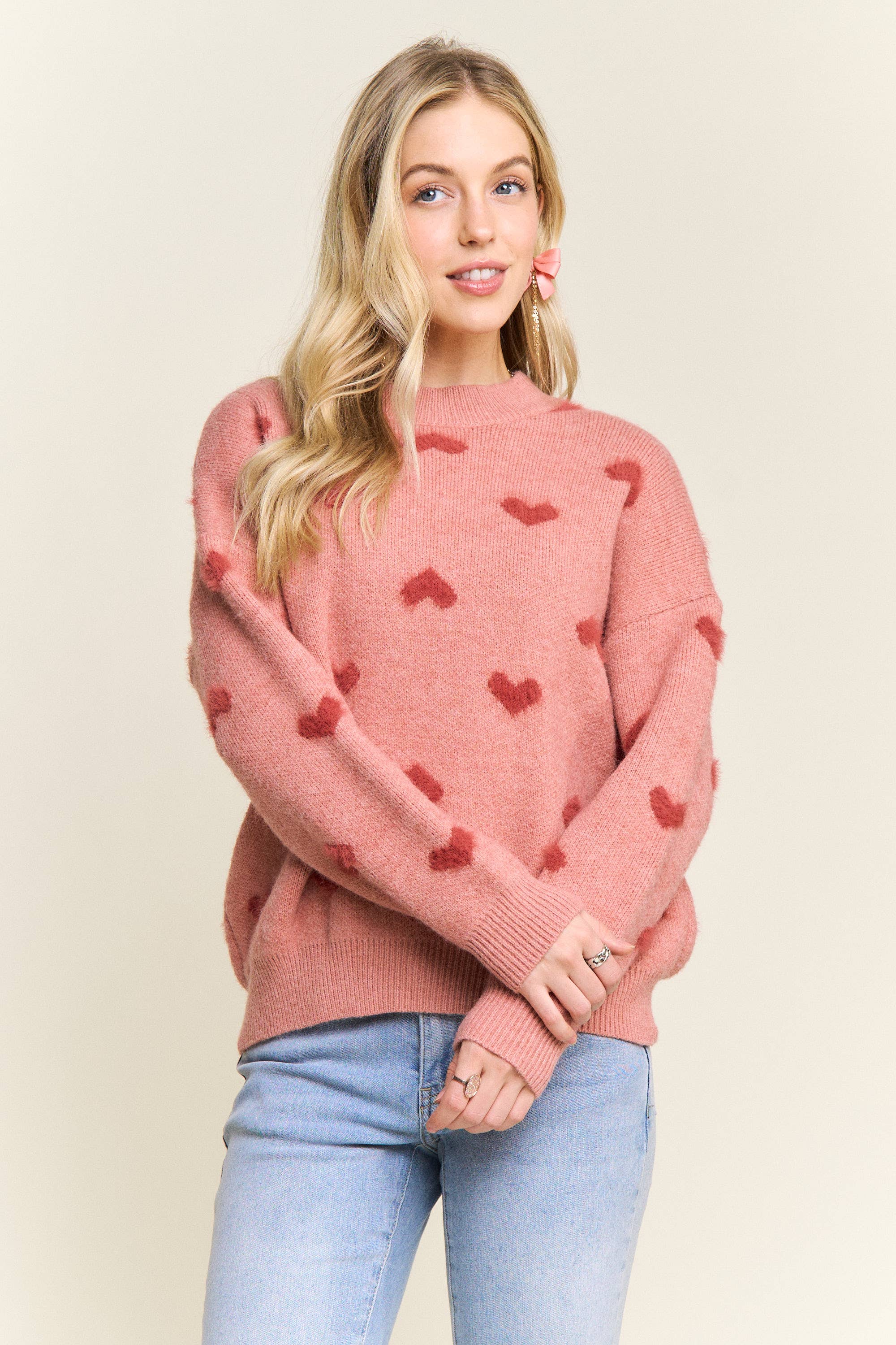 DROP SHOULDER HEART PATTERN SWEATER