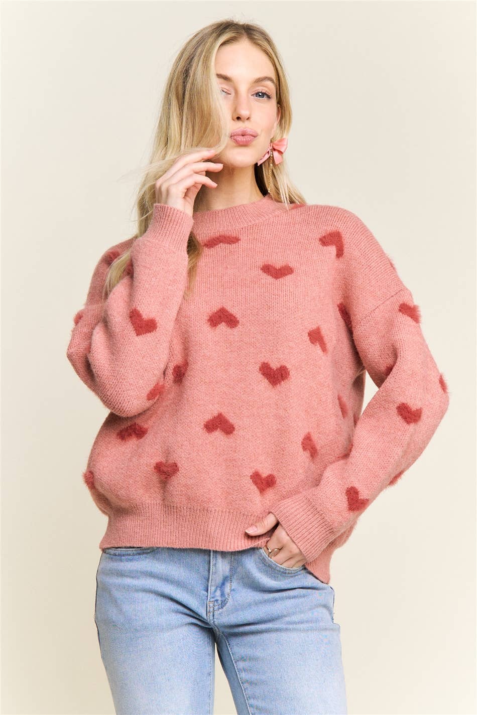 DROP SHOULDER HEART PATTERN SWEATER