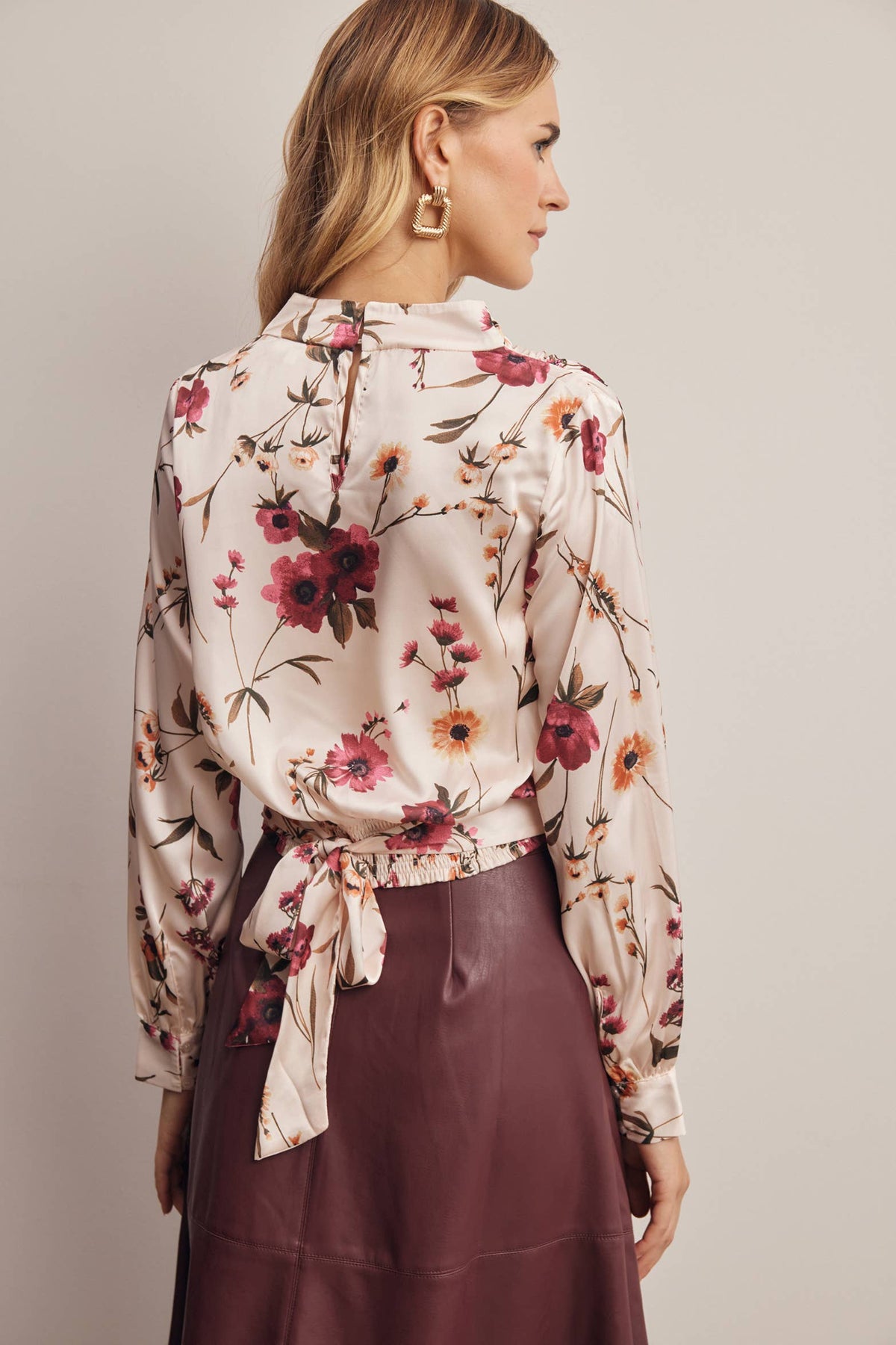 Floral Mock Neck Tie Back Blouse