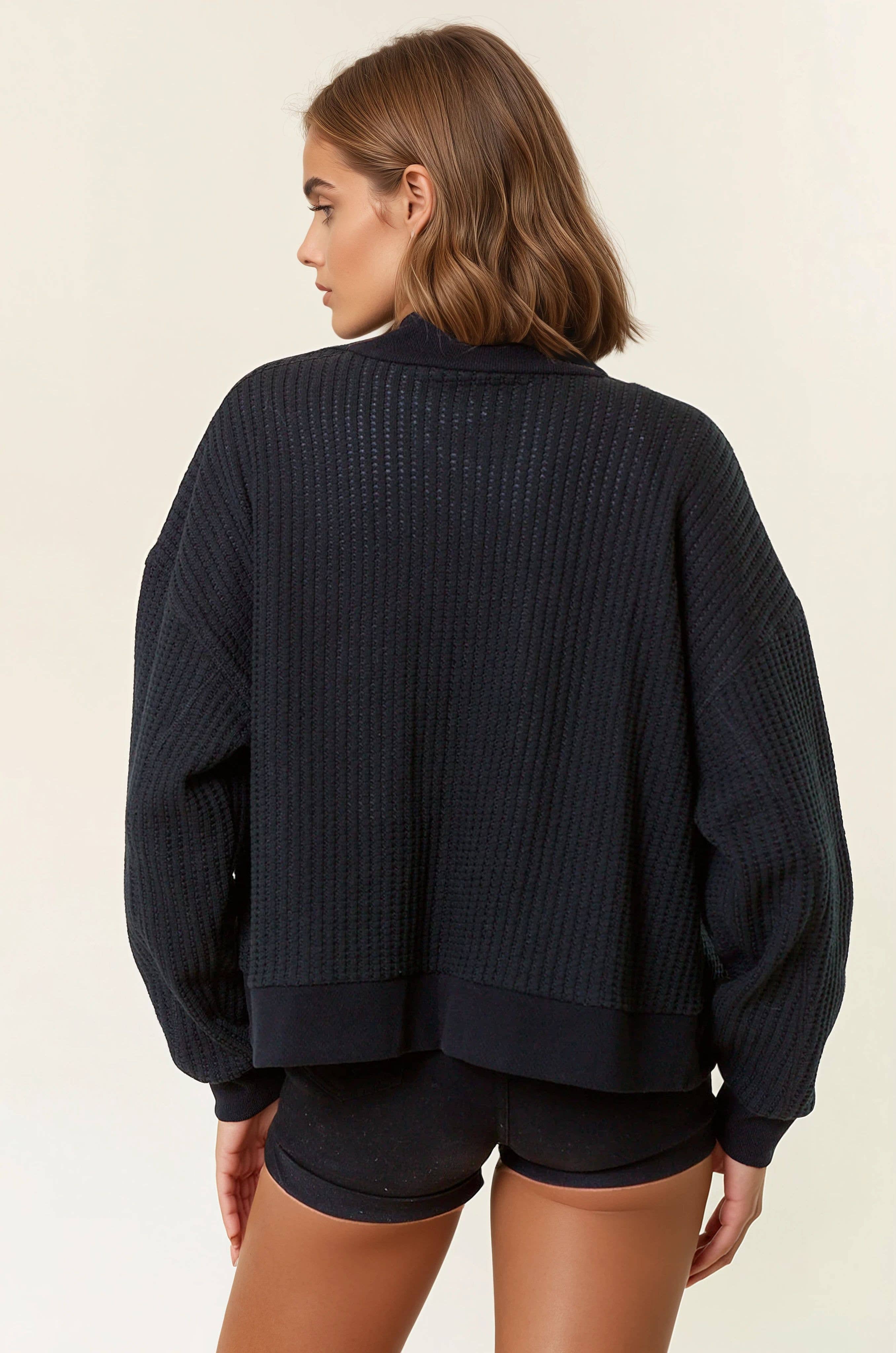 Cotton Waffle Knit Puff Sleeve Cardigan