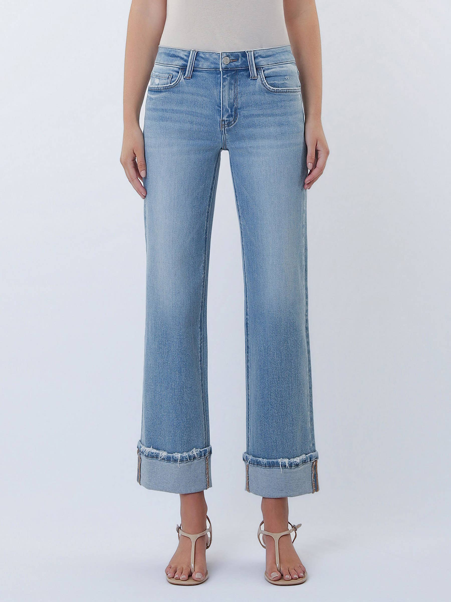 MID RISE CUFFED SLIM WIDE JEANS