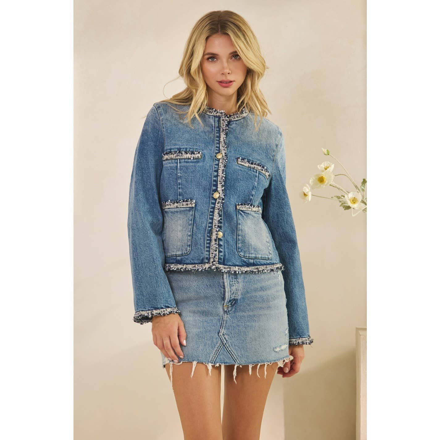 Tweed Trimmed Denim Jacket