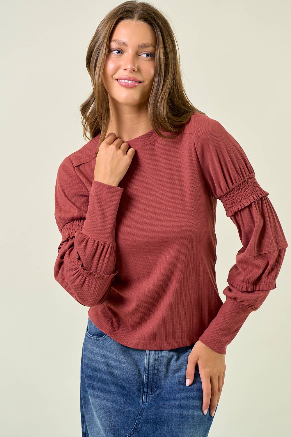 SMOCKED LONG SLEEVE TOP