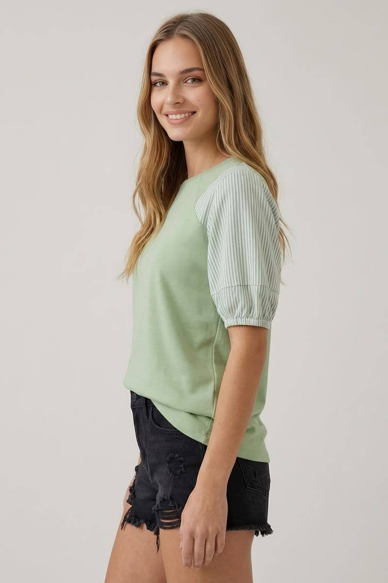 STRIPE CONTRAST MIX PUFF SLEEVE TOP