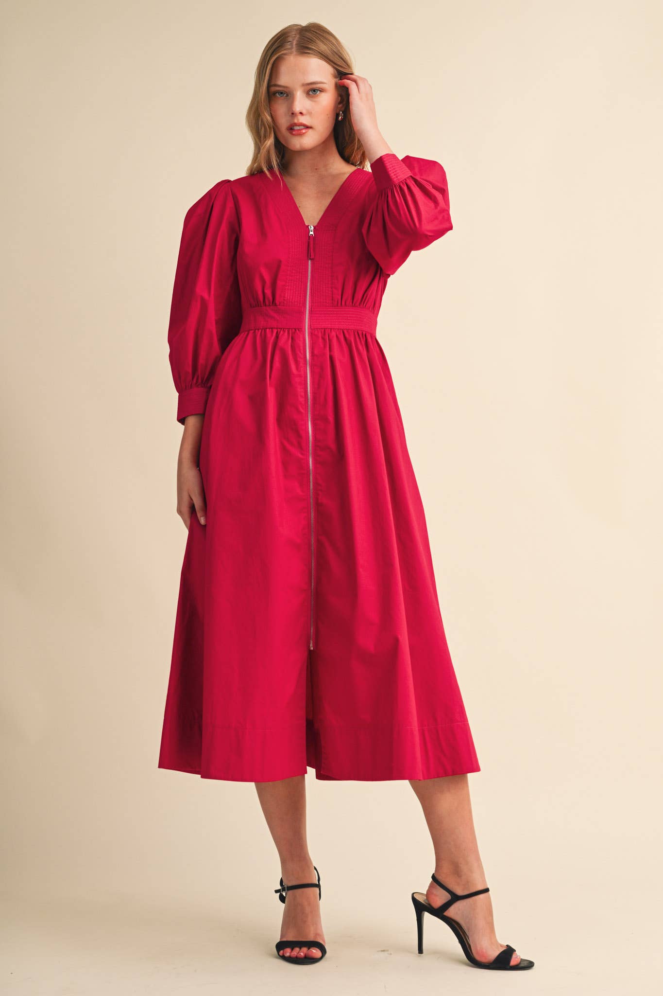 PUFF SLEEVE MIDI DRESS
